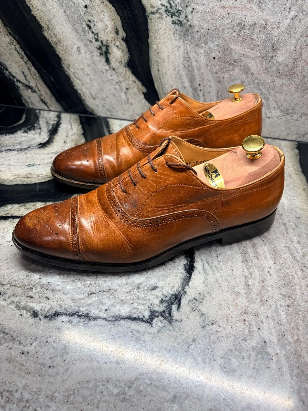 Santoni Men’s 10 Brown Leather Cap Toe Oxford Brogue Shoes Italy 9 EE